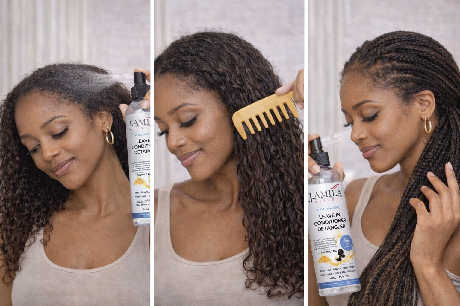 J. AMILA Natural Leave-In Conditioner & Detangler with Vitamin E & Coconut Oil – Heat & UV Protection for Natural, Wigs, Braids & Synthetic Hair (8 oz)