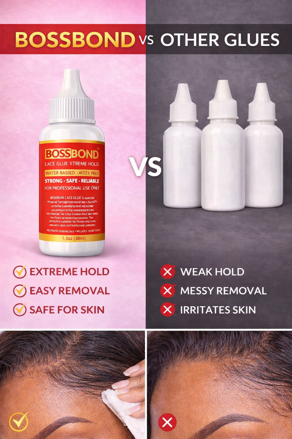 BossBond Lace Glue Xtreme Hold Water-Based, Latex-Free Wig & Lace Adhesive 1.3 Oz