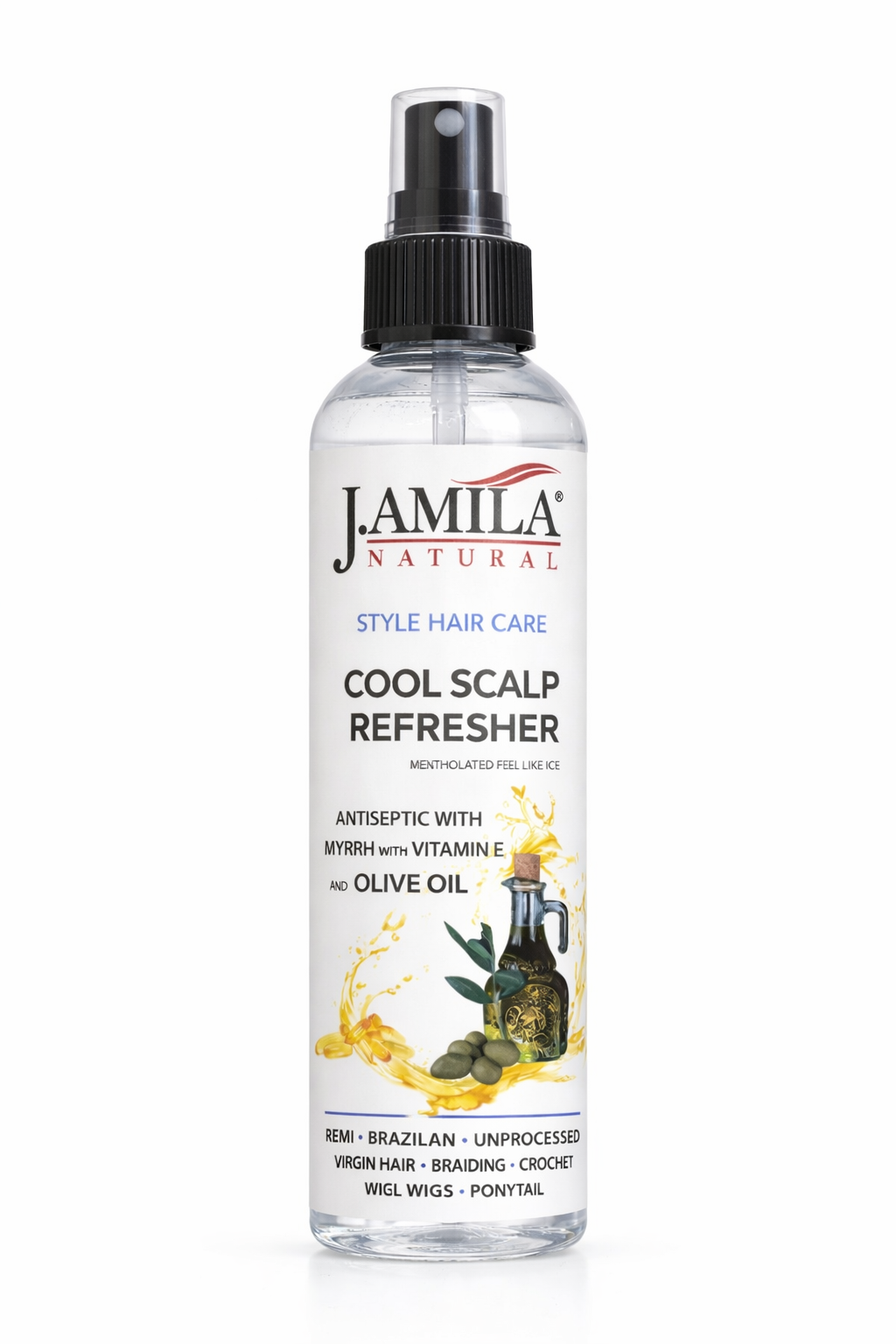 J. AMILA Natural Cool Scalp Refresher with Menthol, Myrrh, Vitamin E & Olive Oil – Cooling Scalp Spray for Braids, Wigs, Natural & Synthetic Hair (8 oz)