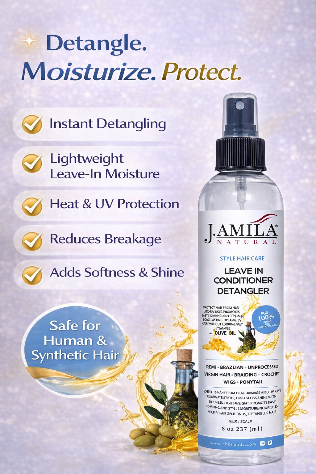 J. AMILA Natural Leave-In Conditioner & Detangler Spray with Vitamin E & Olive Oil – Heat & UV Protection for Wigs, Braids, Natural & Synthetic Hair (8 oz)