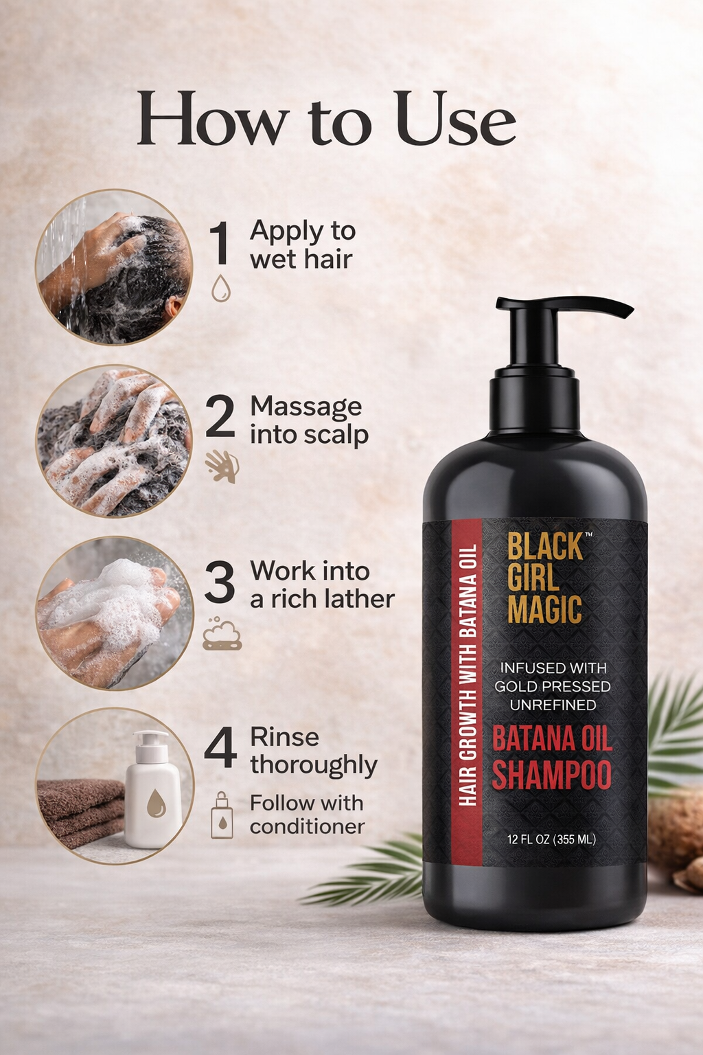 Black Girl Magic infused with gold pressed unrefined Batana hair oil shampoo, 12 Oz