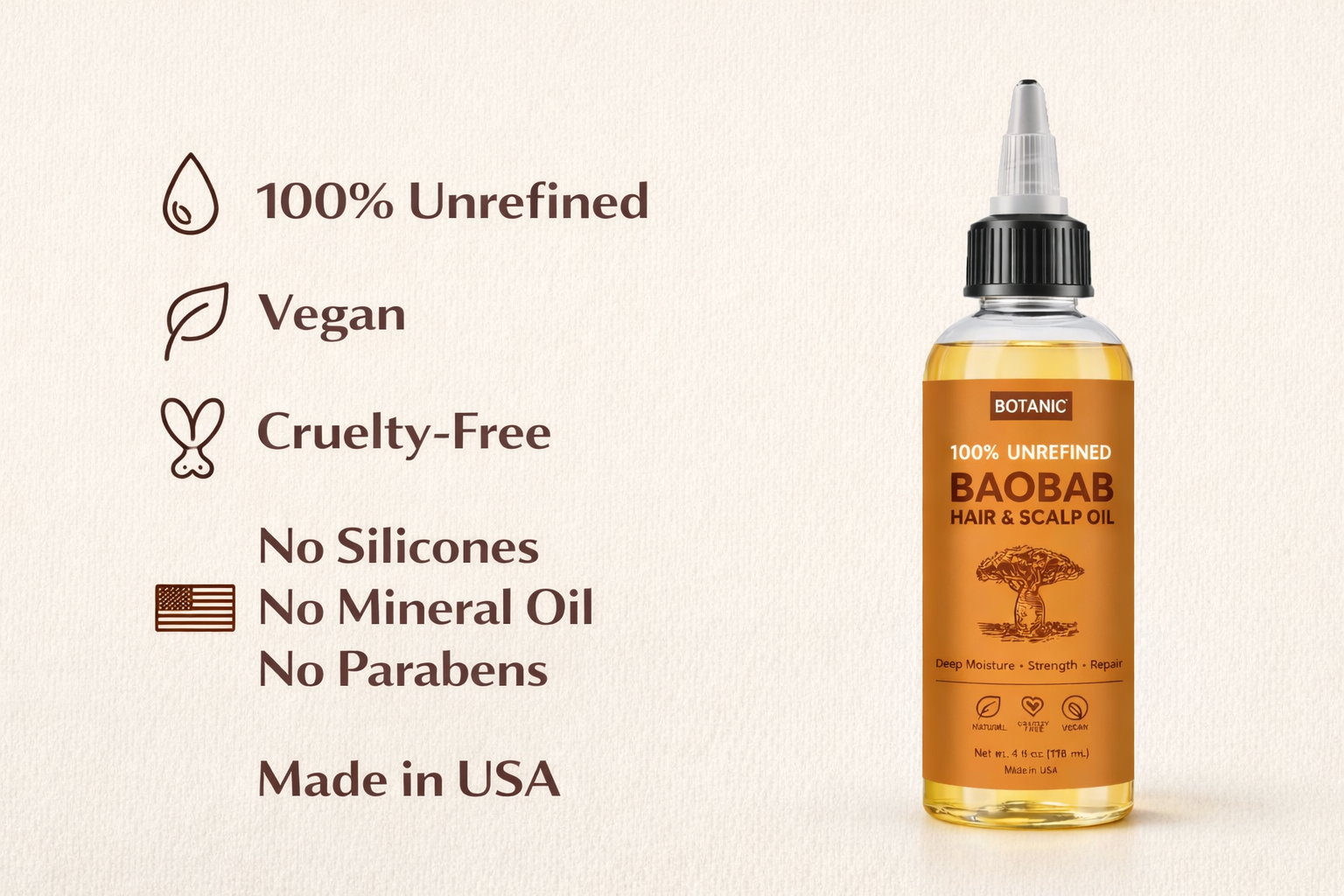 100% Unrefined Baobab Hair & Scalp Oil – Deep Moisture, Strength & Repair | Vegan, Cruelty-Free 4 fl oz (118 mL)