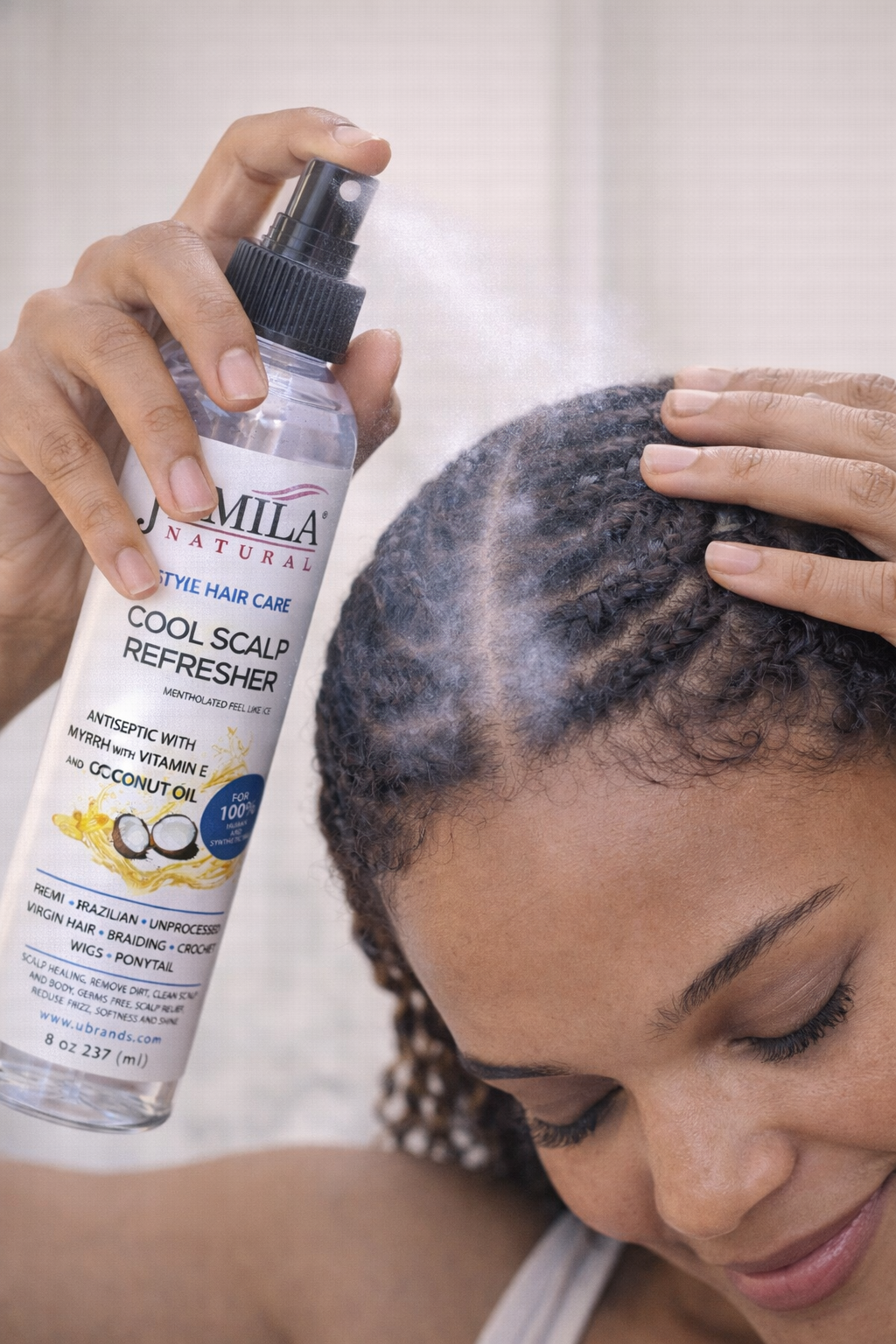 J. AMILA Natural Cool Scalp Refresher with Menthol, Myrrh, Vitamin E & Coconut Oil – Cooling Scalp Spray for Braids, Wigs, Natural & Synthetic Hair (8 oz)