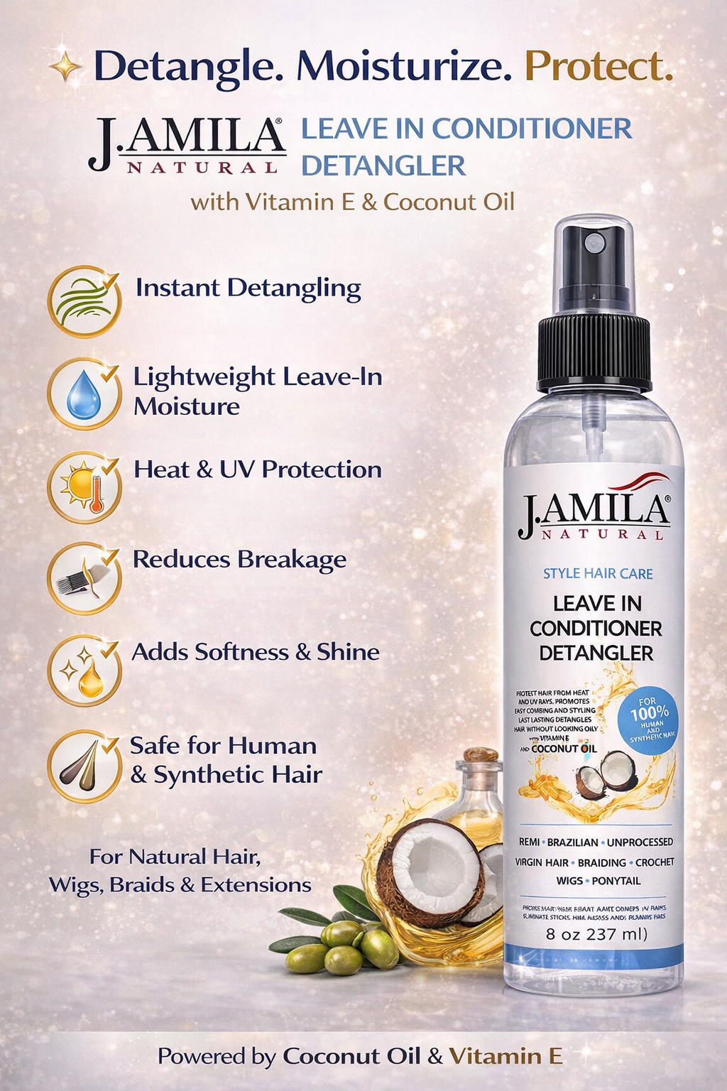 J. AMILA Natural Leave-In Conditioner & Detangler with Vitamin E & Coconut Oil – Heat & UV Protection for Natural, Wigs, Braids & Synthetic Hair (8 oz)