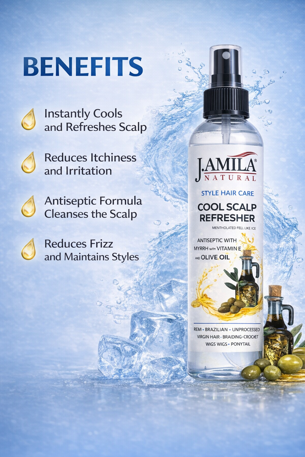 J. AMILA Natural Cool Scalp Refresher with Menthol, Myrrh, Vitamin E & Olive Oil – Cooling Scalp Spray for Braids, Wigs, Natural & Synthetic Hair (8 oz)