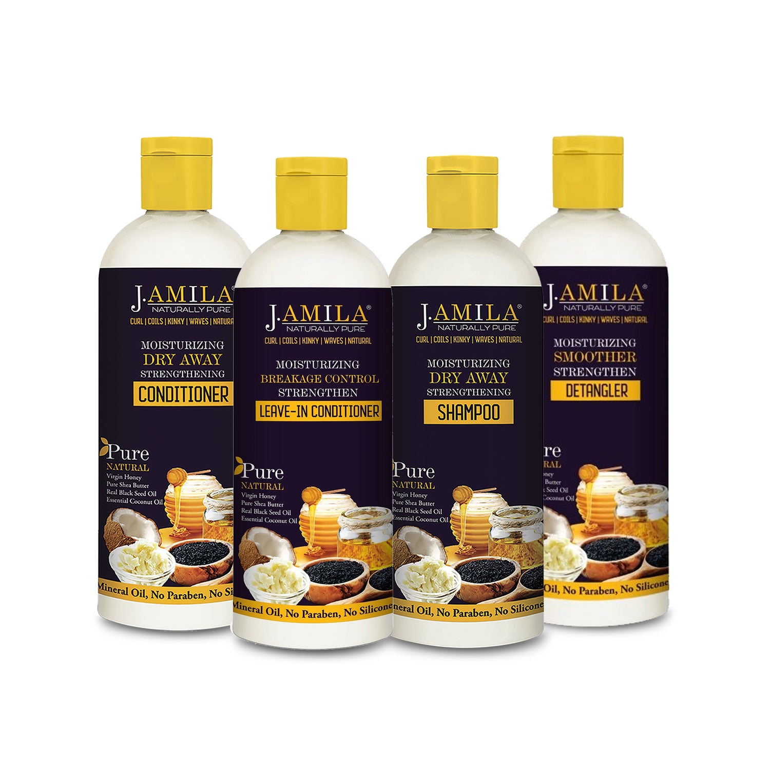 J.Amila Pure Natural Moisturizing Dry Away Shampoo, Leave in Conditioner, Moisturizing Dry Away Conditioner, Moisturizing Smoother Strengthen Detangler (4 Packs)
