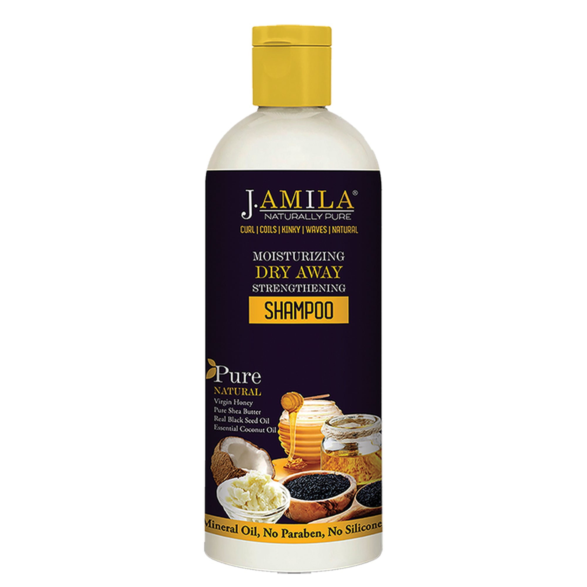 J. AMILA Naturally Hair Care Pure Moisturizing Dry Away Strengthening Shampoo Deeply Moistrizes And Hydrates With Coconut &amp; Black Seed Oil For All Hair Types (12 oz)