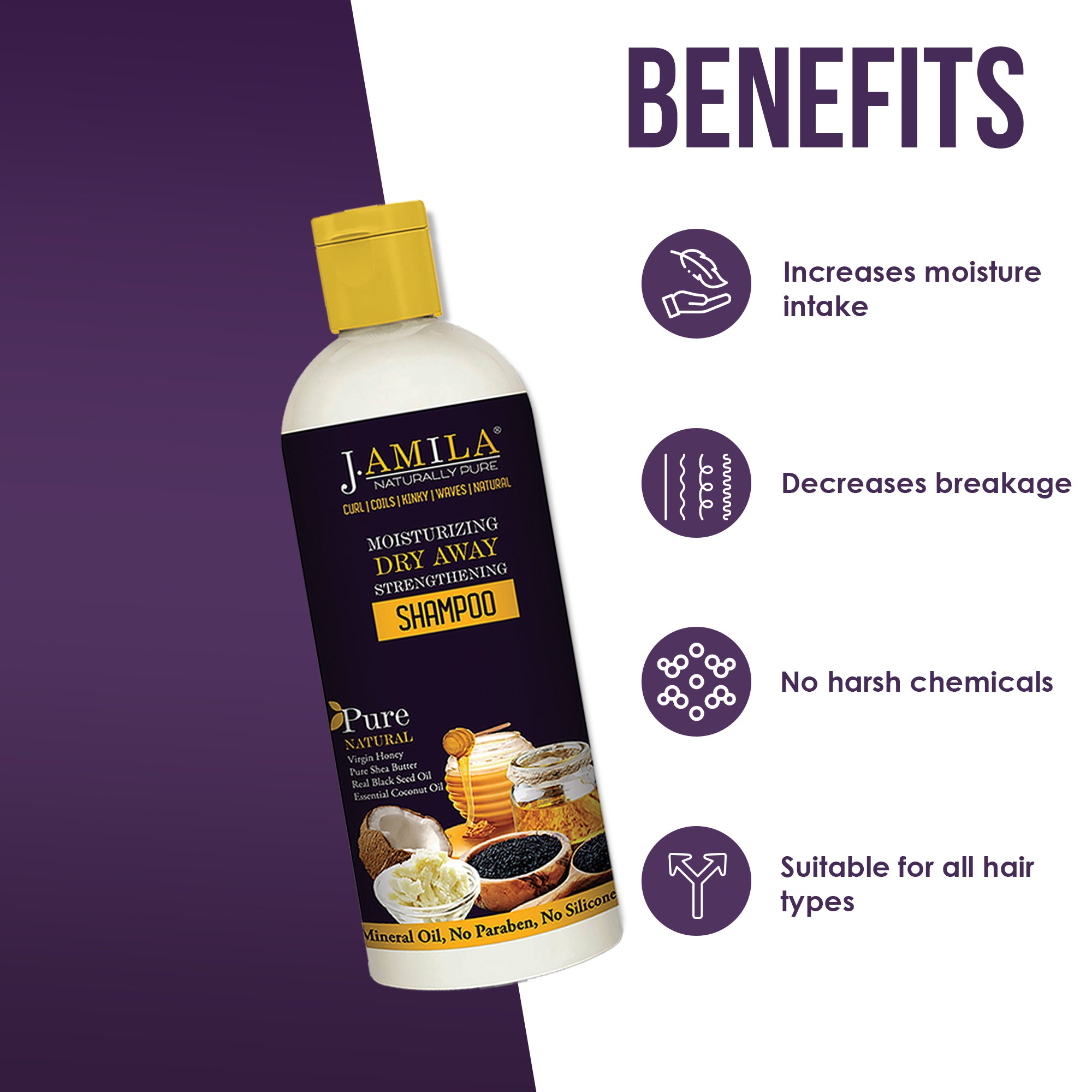 J. AMILA Naturally Hair Care Pure Moisturizing Dry Away Strengthening Shampoo Deeply Moistrizes And Hydrates With Coconut &amp; Black Seed Oil For All Hair Types (12 oz)