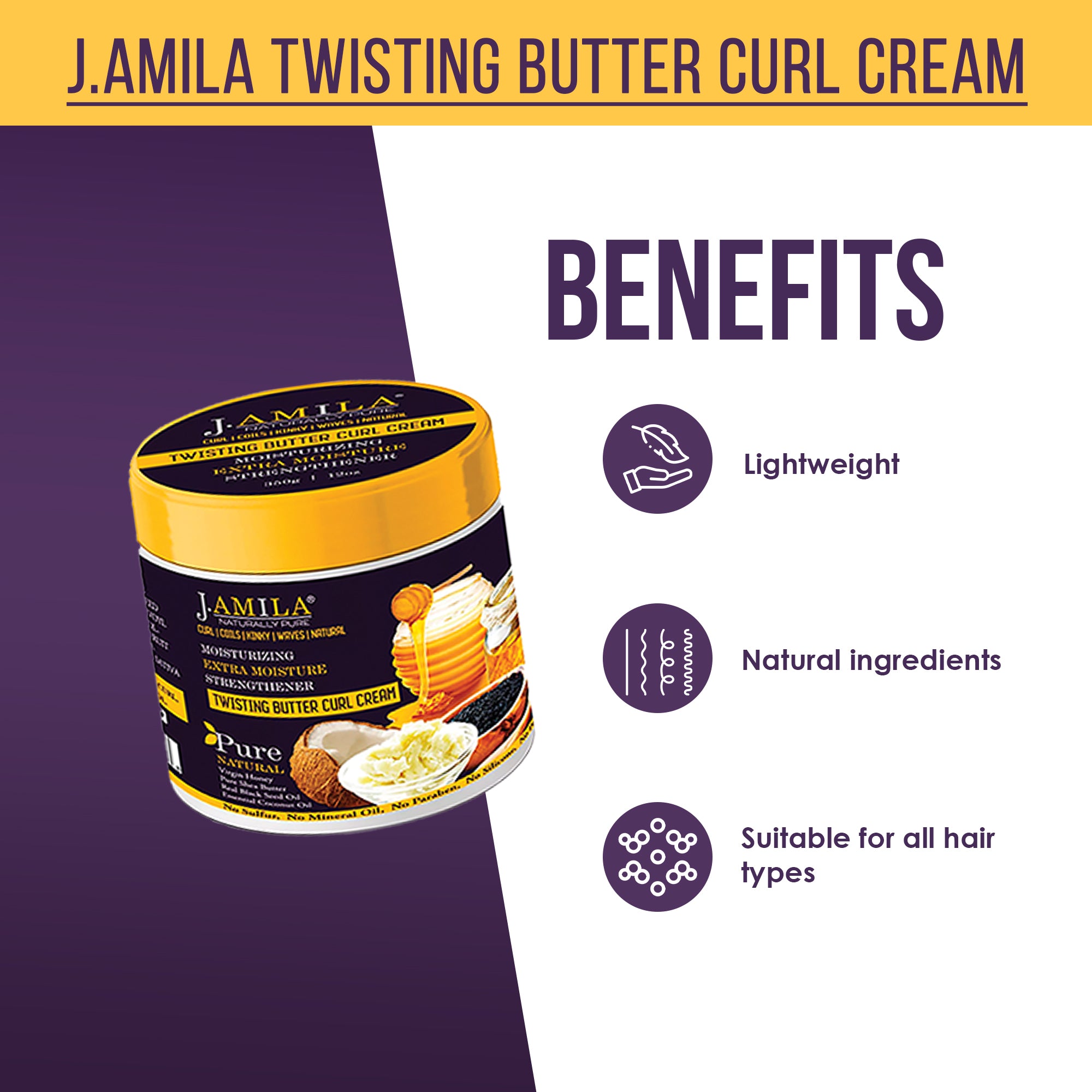 J. AMILA Naturally Pure Extra Moisturizing Strengthener Twisting Butter Curl Cream For Long Lasting Frizz-Free Curls Suitable For All Hair Types 12 oz