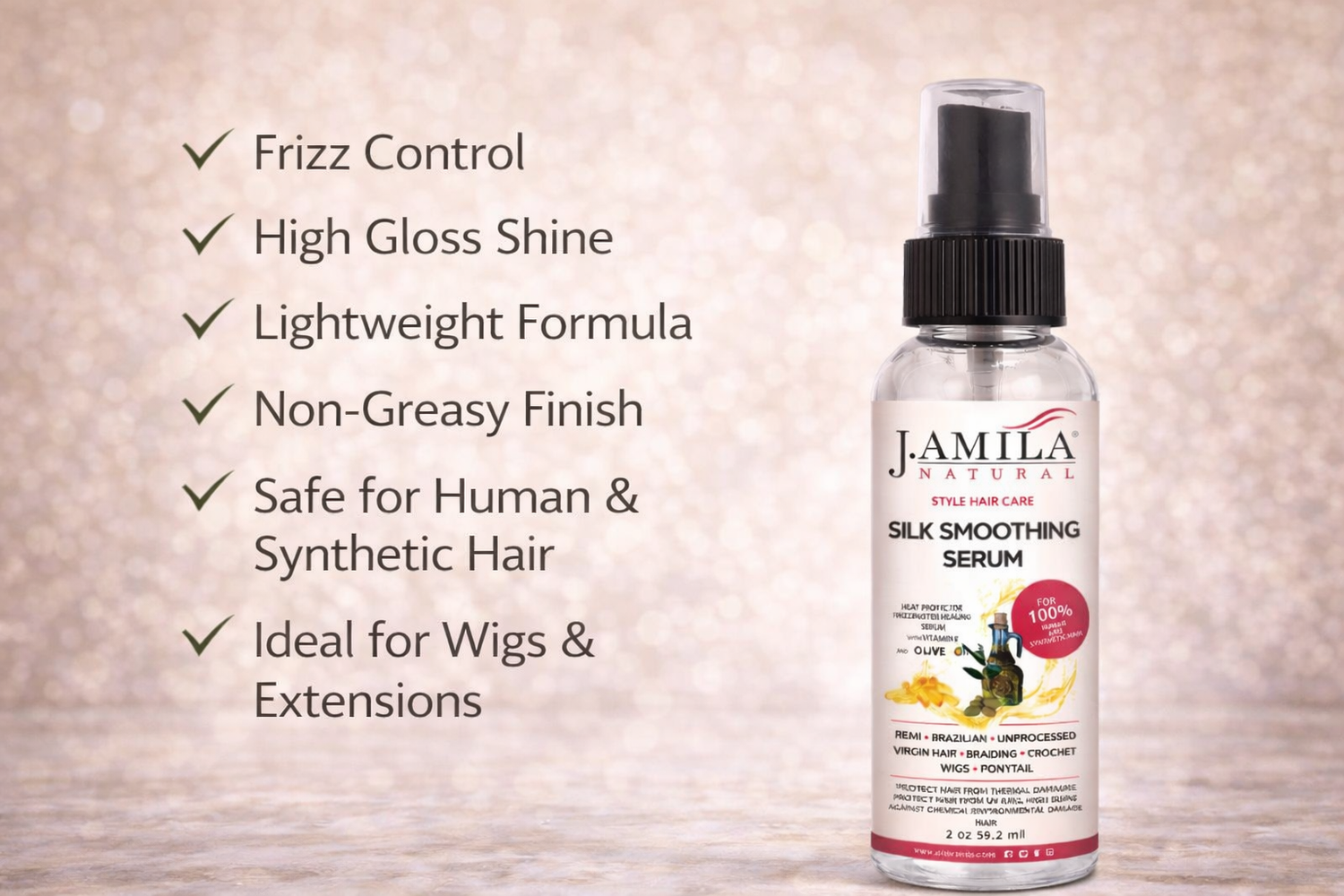 J. Amila Natural Silk Smoothing Serum with Olive Oil – Heat Protectant, Frizz Control &amp; High Gloss Shine for Natural Hair, Wigs &amp; Extensions (2 oz / 59.2 ml)