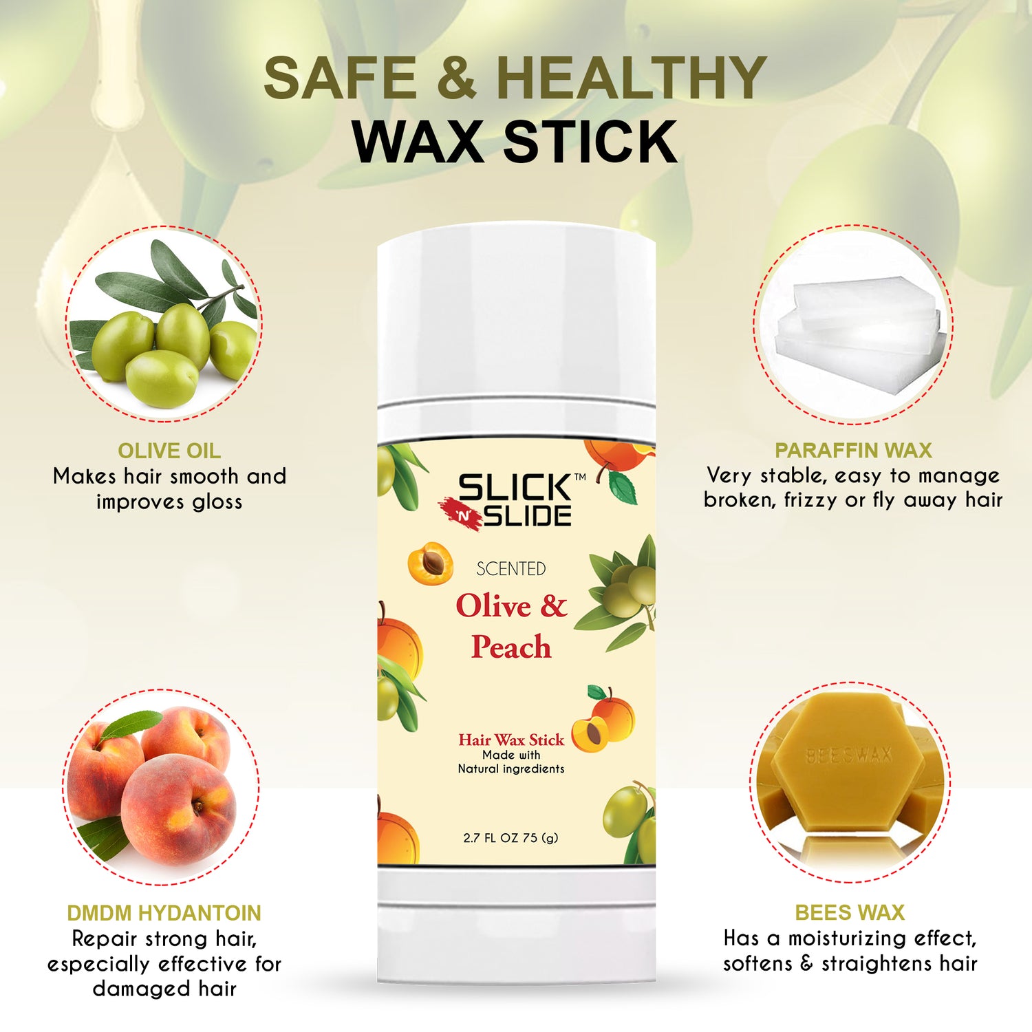 Slick N Slide Olive &amp; Peach Hair Wax Stick 2.7oz