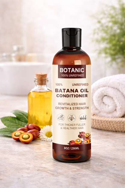 Batana oil conditioner displayed in a natural bathroom setting for healthy hair care