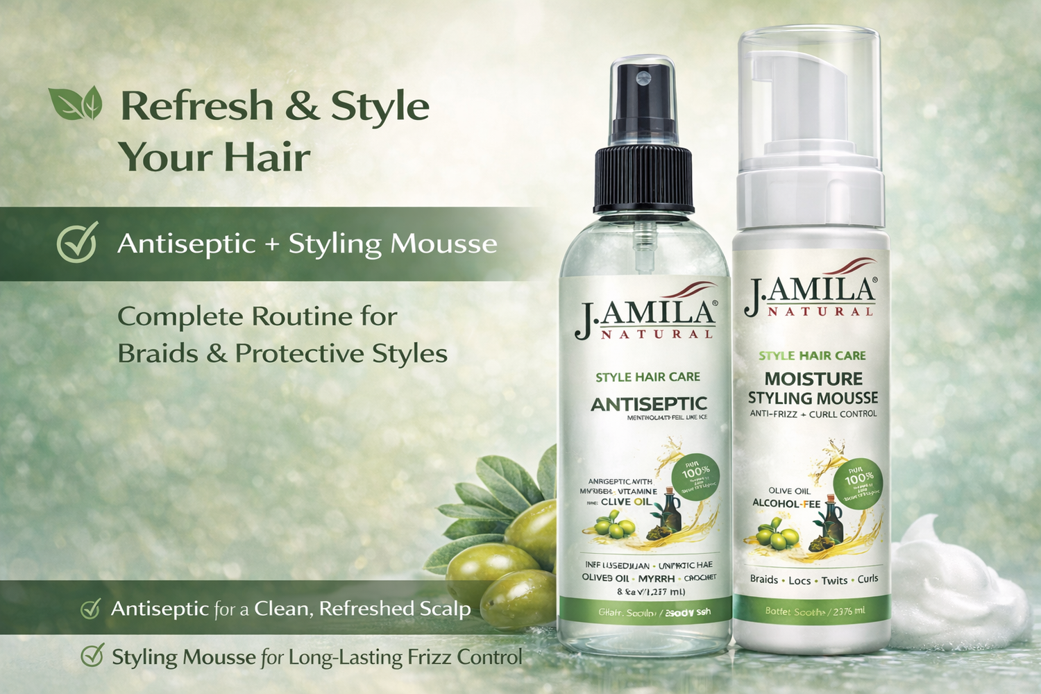 J. Amila Natural Antiseptic Spray with Olive Oil – Mentholated Scalp Relief, Itch Control &amp; Scalp Detox for Wigs, Braids &amp; Natural Hair (8 oz / 237 ml)