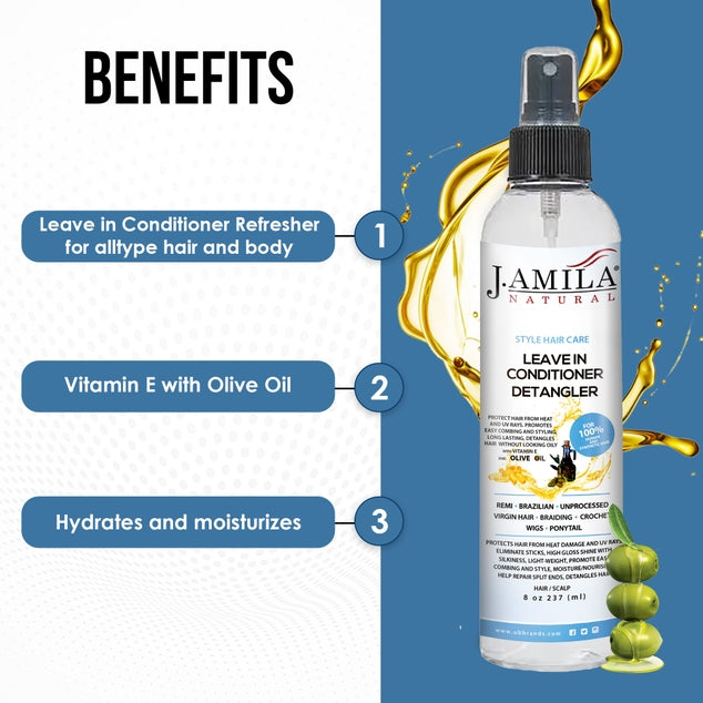 J. AMILA NATURAL Leave-In Conditioner Detangler - Vitamin E &amp; Olive Oil, Heat &amp; UV Protection, Moisturizes, Detangles, Repairs Split Ends (8oz)