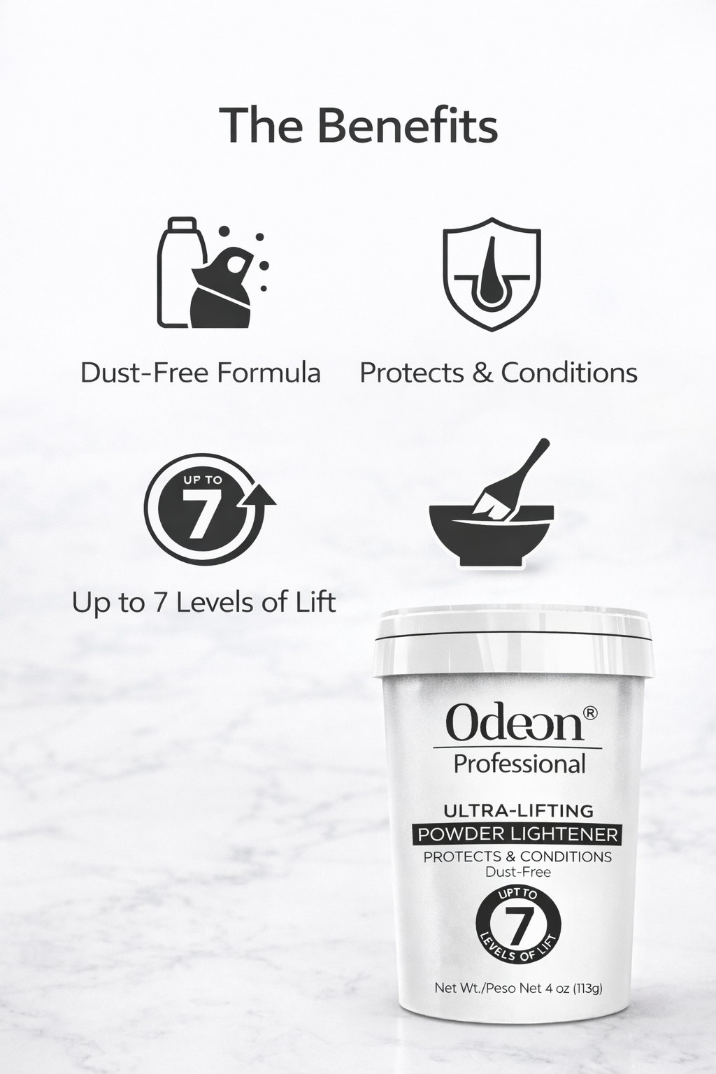 Odeon® Professional Ultra-Lifting Powder Lightener – Dust-Free Bleach, Up to 7 Levels of Lift (4 Oz)
