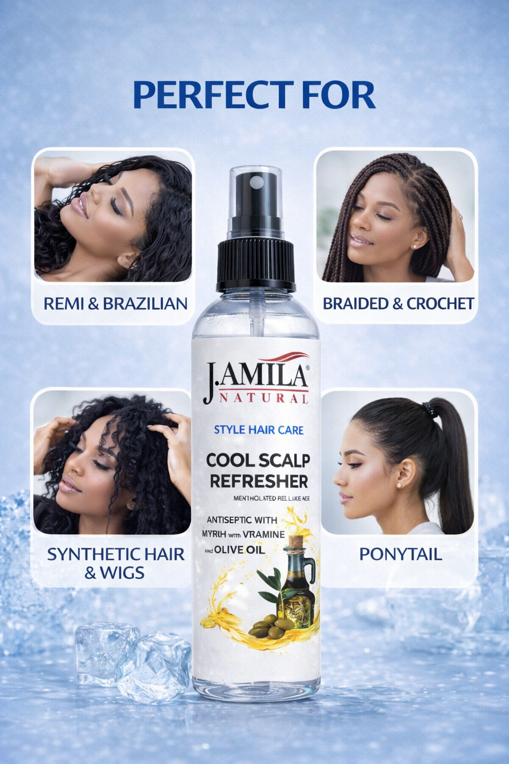 J. AMILA Natural Cool Scalp Refresher with Menthol, Myrrh, Vitamin E &amp; Olive Oil – Cooling Scalp Spray for Braids, Wigs, Natural &amp; Synthetic Hair (8 oz)