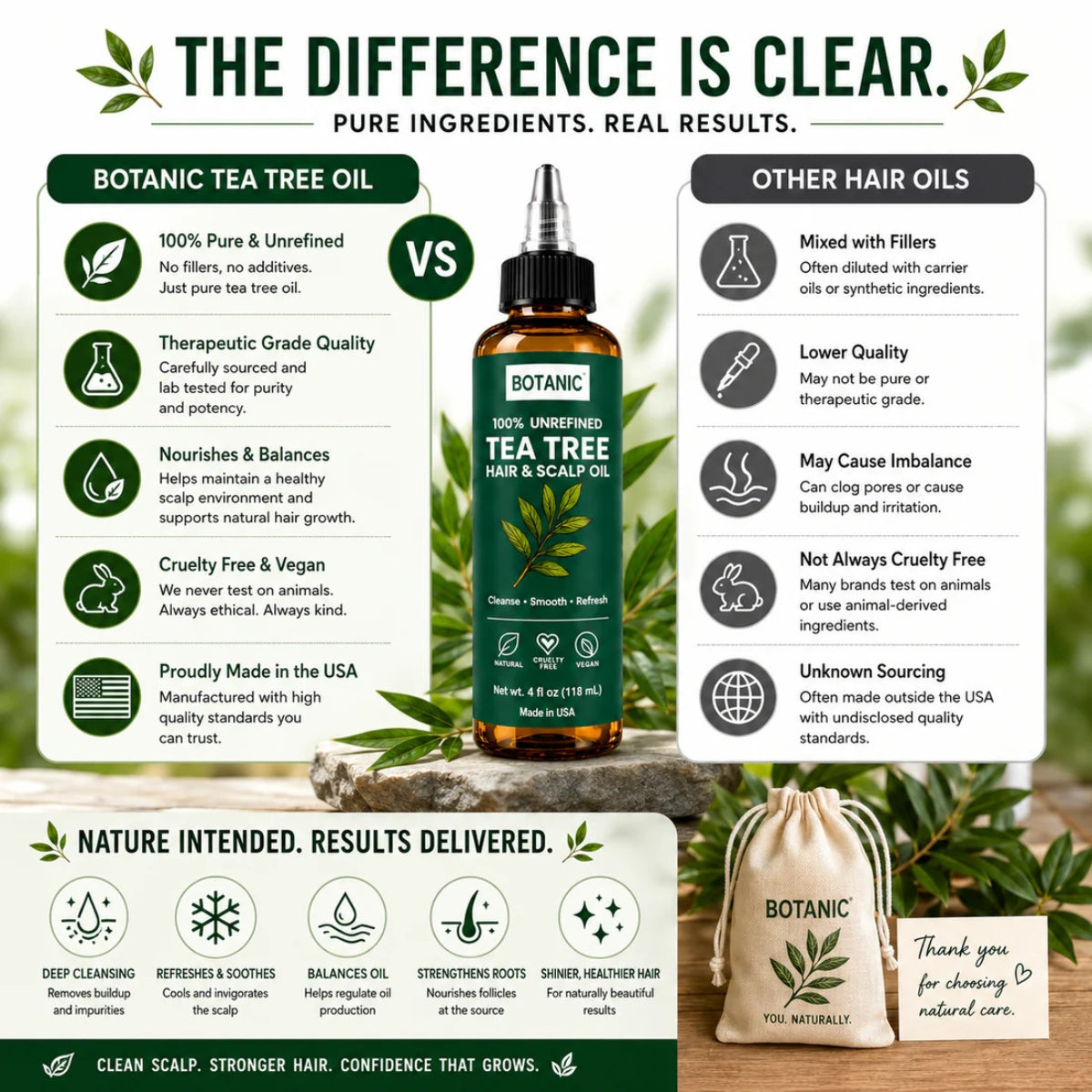BOTANIC 100% Unrefined Tea Tree Hair &amp; Scalp Oil – Scalp Cleansing &amp; Refreshing Hair Treatment – 4 fl oz (118 mL)
