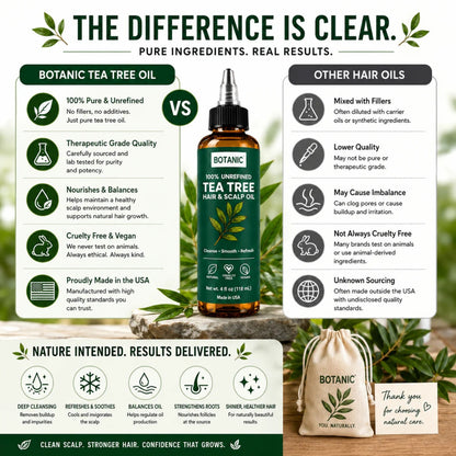 BOTANIC 100% Unrefined Tea Tree Hair &amp; Scalp Oil – Scalp Cleansing &amp; Refreshing Hair Treatment – 4 fl oz (118 mL)
