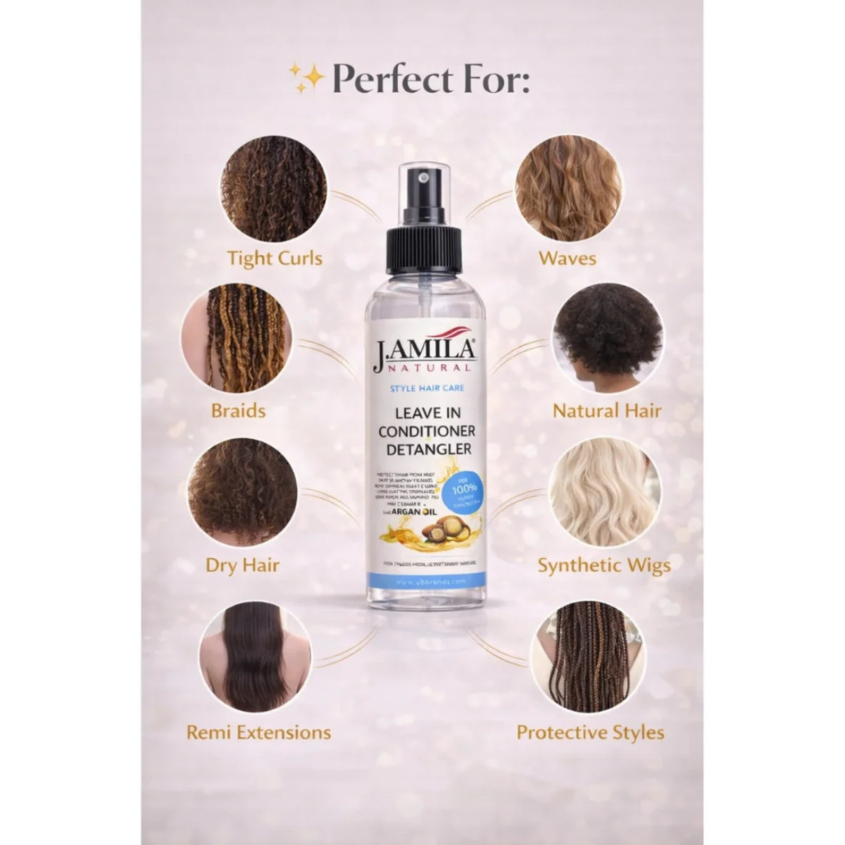 J. AMILA Natural Leave-In Conditioner &amp; Detangler with Vitamin E &amp; Argan Oil – Heat &amp; UV Protection for Natural, Wigs, Braids &amp; Synthetic Hair (8 oz)