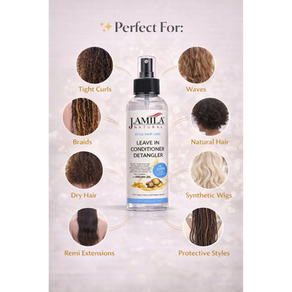 J. AMILA Natural Leave-In Conditioner &amp; Detangler with Vitamin E &amp; Argan Oil – Heat &amp; UV Protection for Natural, Wigs, Braids &amp; Synthetic Hair (8 oz)