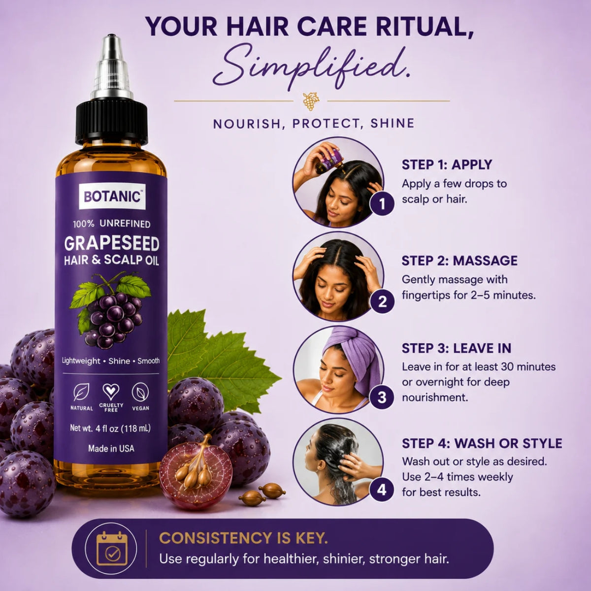 BOTANIC 100% Unrefined Grapeseed Hair &amp; Scalp Oil – Lightweight Shine &amp; Smooth Hair Oil – 4 fl oz (118 mL)