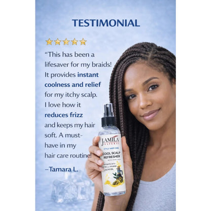 J. AMILA Natural Cool Scalp Refresher with Menthol, Myrrh, Vitamin E &amp; Olive Oil – Cooling Scalp Spray for Braids, Wigs, Natural &amp; Synthetic Hair (8 oz)