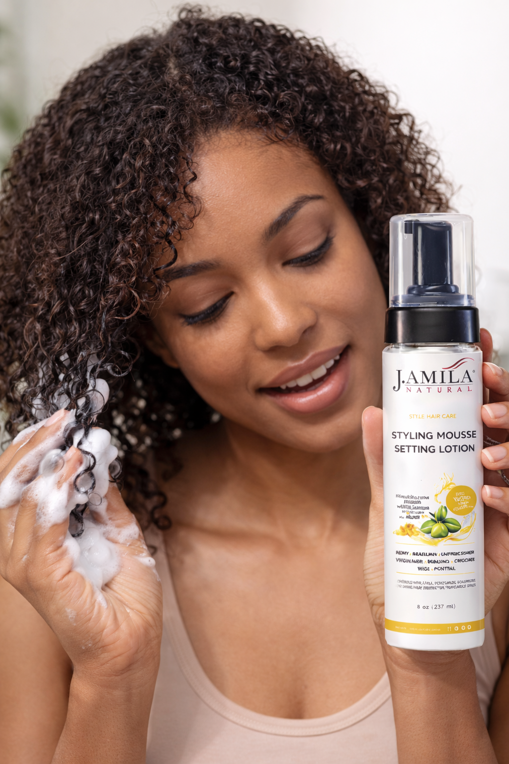 J. Amila Natural Styling Mousse Setting Lotion with Olive Oil – Flexible Hold, Frizz Control &amp; Shine – For Wigs, Weaves &amp; Natural Hair (8 oz / 237 ml)