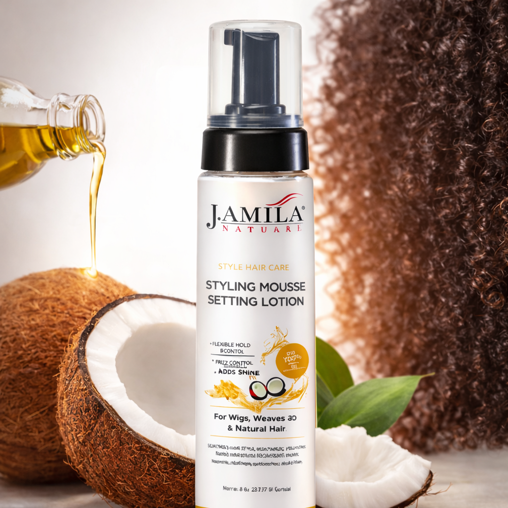 J. Amila Natural Styling Mousse Setting Lotion with Coconut Oil – Flexible Hold, Frizz Control &amp; Shine – For Wigs, Weaves &amp; Natural Hair (8oz)