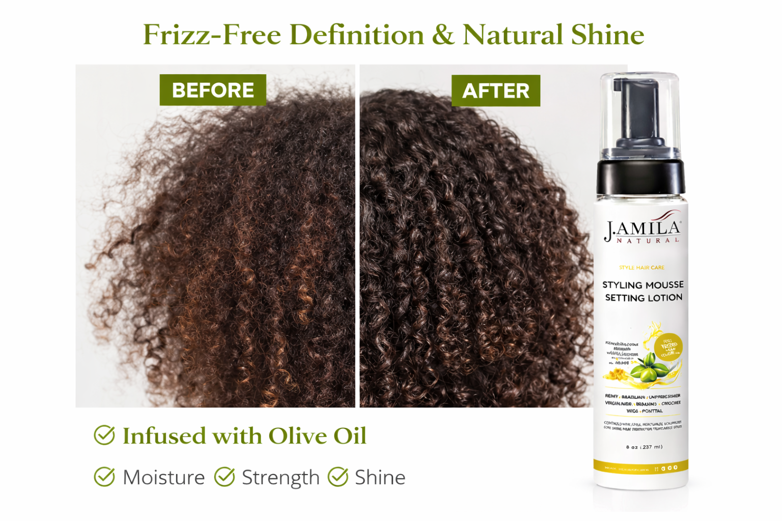 J. Amila Natural Styling Mousse Setting Lotion with Olive Oil – Flexible Hold, Frizz Control &amp; Shine – For Wigs, Weaves &amp; Natural Hair (8 oz / 237 ml)