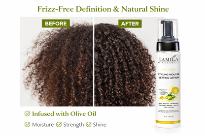 J. Amila Natural Styling Mousse Setting Lotion with Olive Oil – Flexible Hold, Frizz Control &amp; Shine – For Wigs, Weaves &amp; Natural Hair (8 oz / 237 ml)