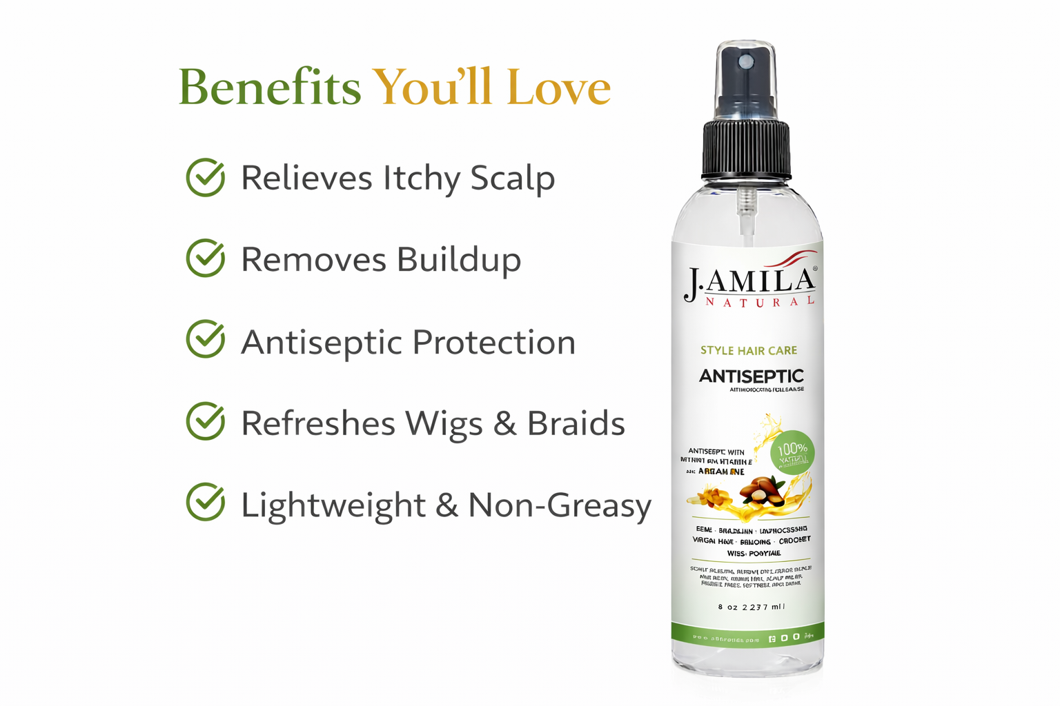 J. Amila Natural Antiseptic Spray with Argan Oil &amp; Myrrh – Scalp Relief, Itch Control &amp; Cleanse for Wigs, Braids &amp; Natural Hair (8 oz / 237 ml)
