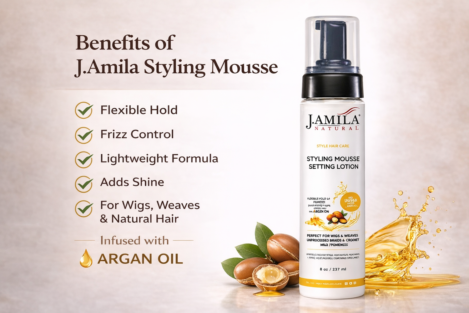 Amila Natural Styling Mousse Setting Lotion with Argan Oil – Flexible Hold, Frizz Control &amp; Shine – For Wigs, Weaves &amp; Natural Hair (8oz)