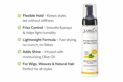 J. Amila Natural Styling Mousse Setting Lotion with Olive Oil – Flexible Hold, Frizz Control &amp; Shine – For Wigs, Weaves &amp; Natural Hair (8 oz / 237 ml)