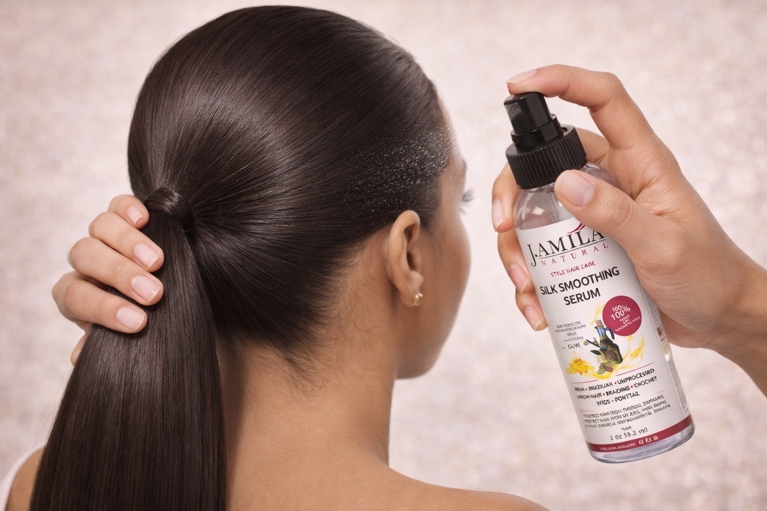 J. Amila Natural Silk Smoothing Serum with Olive Oil – Heat Protectant, Frizz Control &amp; High Gloss Shine for Natural Hair, Wigs &amp; Extensions (2 oz / 59.2 ml)