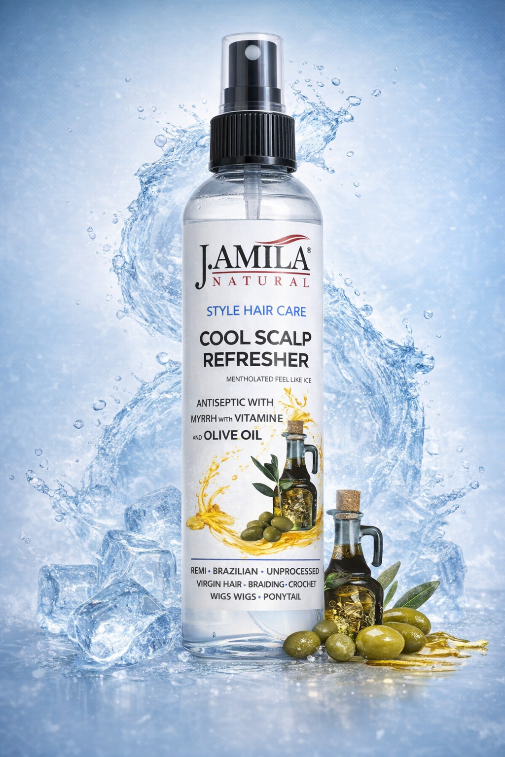 J. AMILA Natural Cool Scalp Refresher with Menthol, Myrrh, Vitamin E &amp; Olive Oil – Cooling Scalp Spray for Braids, Wigs, Natural &amp; Synthetic Hair (8 oz)