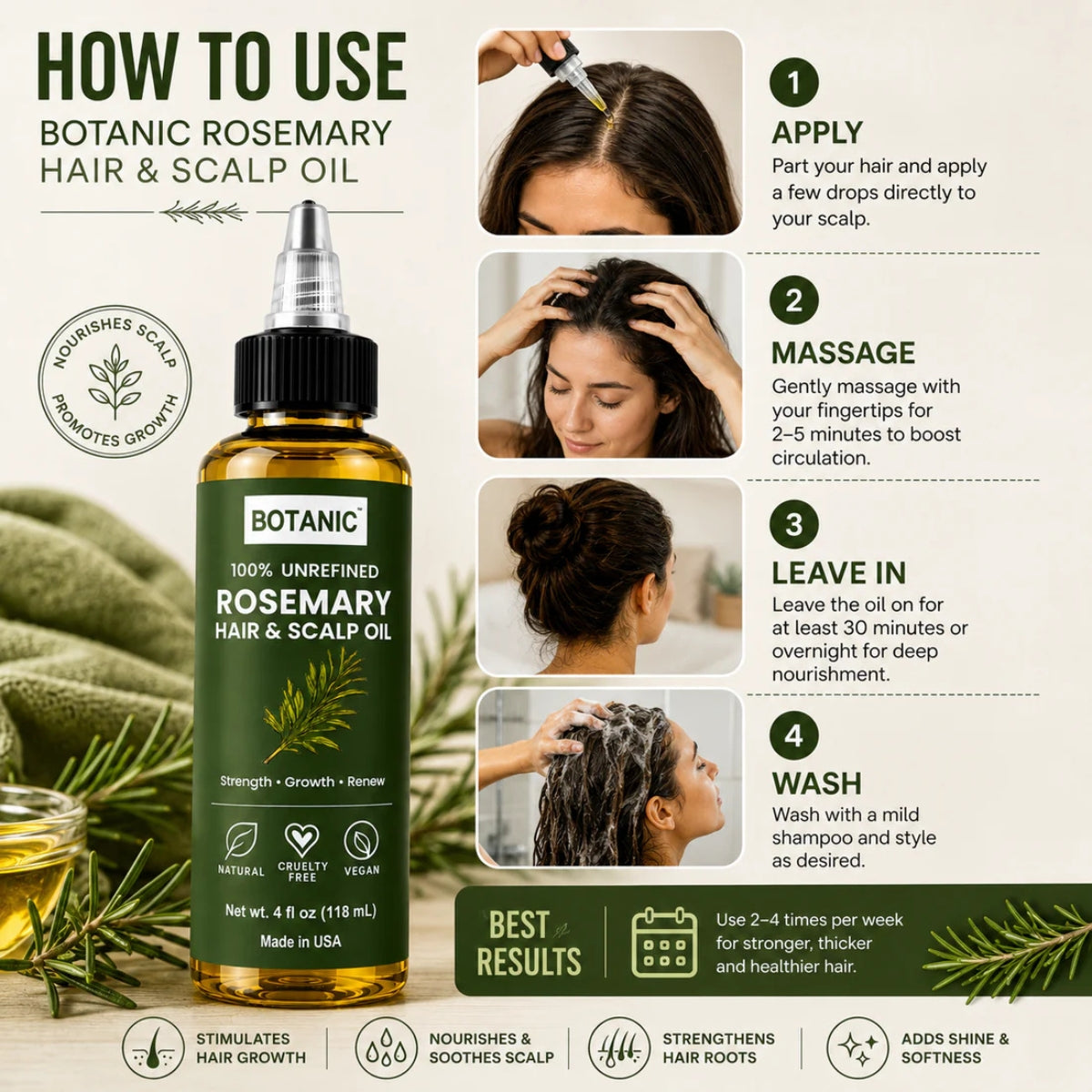 BOTANIC 100% Unrefined Rosemary Hair &amp; Scalp Oil – Hair Growth &amp; Scalp Nourishing Treatment – 4 fl oz (118 mL)