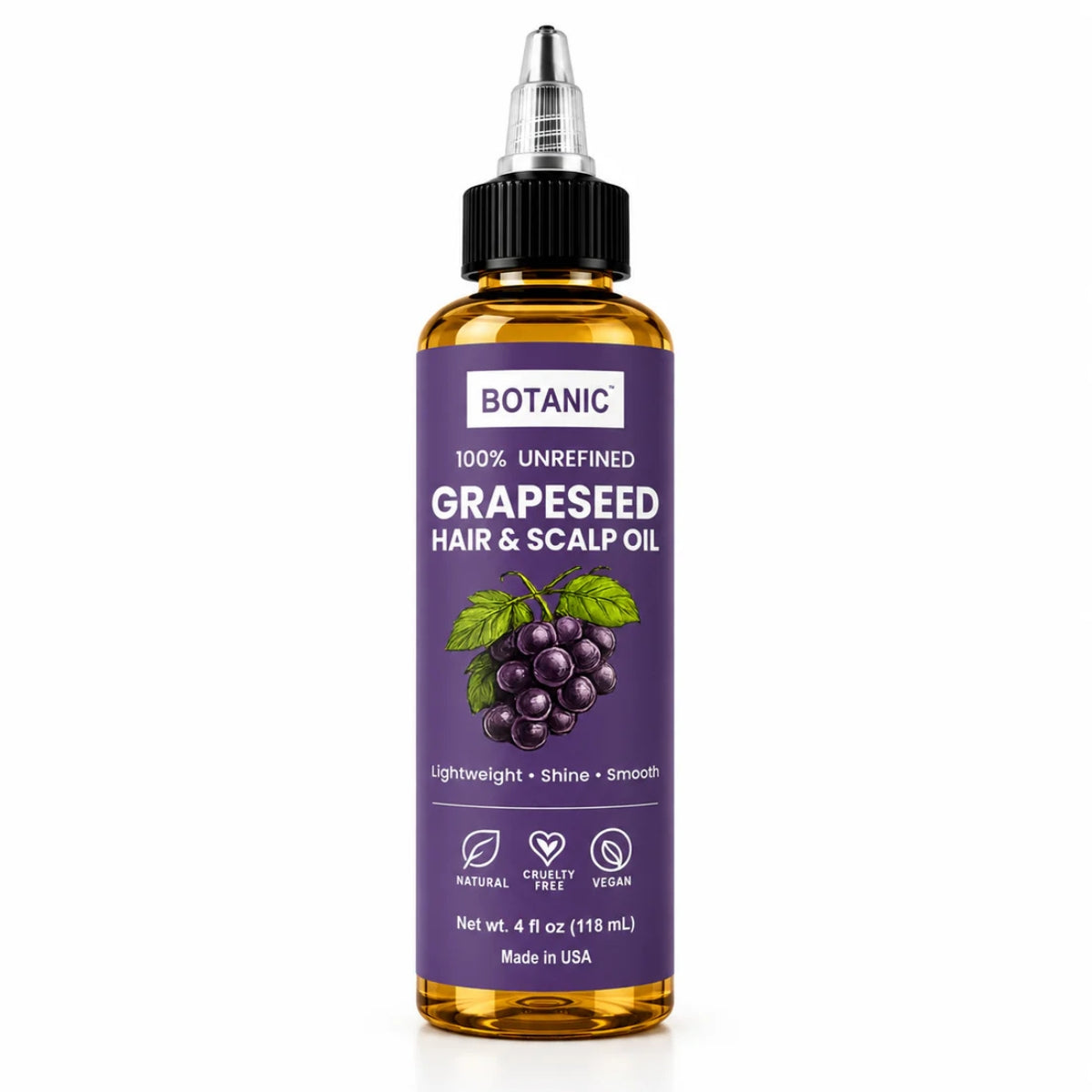 BOTANIC 100% Unrefined Grapeseed Hair &amp; Scalp Oil – Lightweight Shine &amp; Smooth Hair Oil – 4 fl oz (118 mL)