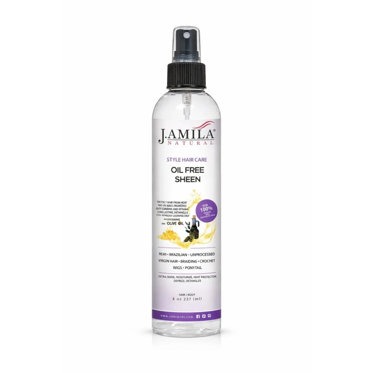 J. AMILA Natural Oil Free Sheen Spray with Vitamin E &amp; Olive Oil – Lightweight Shine, Heat &amp; UV Protection for Wigs, Braids &amp; Natural Hair 8 oz 237 ml