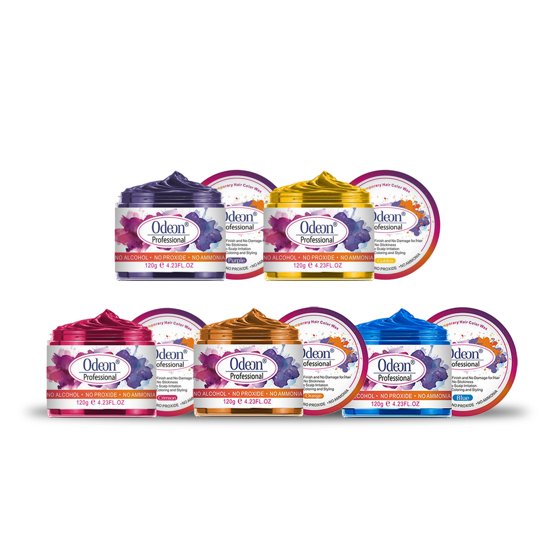 ODEON® HAIR COLOR WAX Purple, Golden, Crimson, Orange and Blue Pack of 5 (4.23oz)