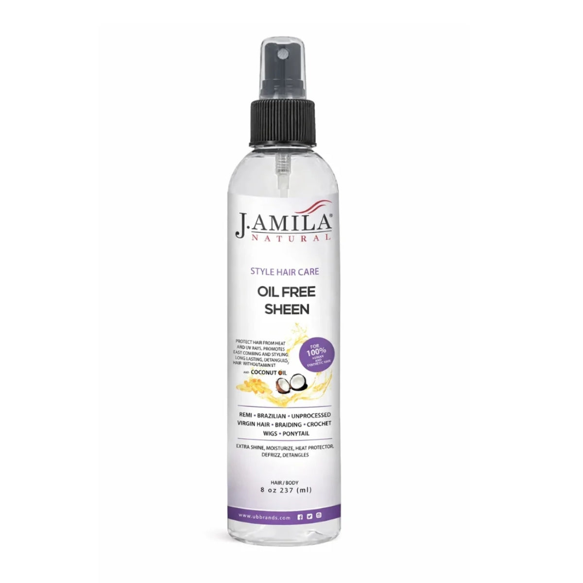 J. AMILA Natural Oil Free Sheen Spray with Vitamin E &amp; Coconut Oil – Lightweight Shine, Heat &amp; UV Protection for Wigs, Braids &amp; Natural Hair 8 oz 237 ml