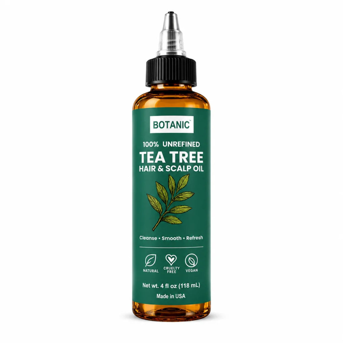 BOTANIC 100% Unrefined Tea Tree Hair &amp; Scalp Oil – Scalp Cleansing &amp; Refreshing Hair Treatment – 4 fl oz (118 mL)