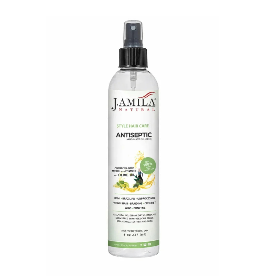 J. Amila Natural Antiseptic Spray with Olive Oil – Mentholated Scalp Relief, Itch Control &amp; Scalp Detox for Wigs, Braids &amp; Natural Hair (8 oz / 237 ml)