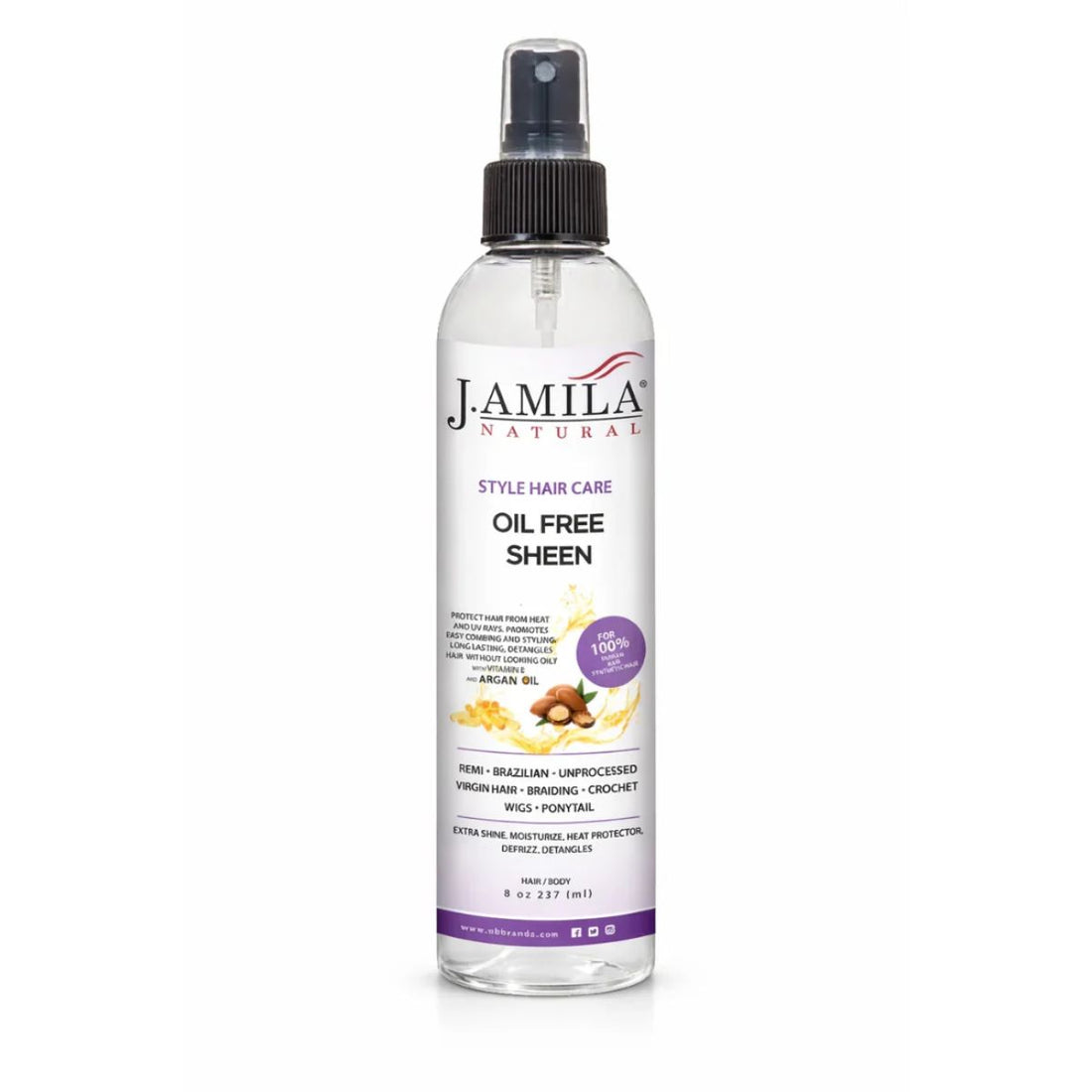 J. AMILA Natural Oil Free Sheen Spray with Vitamin E &amp; Argan Oil – Lightweight Shine, Heat &amp; UV Protection for Wigs, Braids &amp; Natural Hair 8 oz 237 ml