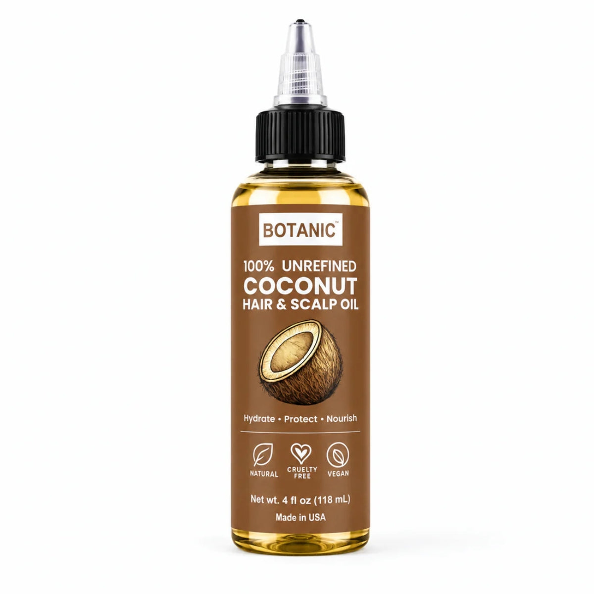 BOTANIC 100% Unrefined Coconut Hair &amp; Scalp Oil – Deep Hydration &amp; Hair Nourishment – 4 fl oz (118 mL)