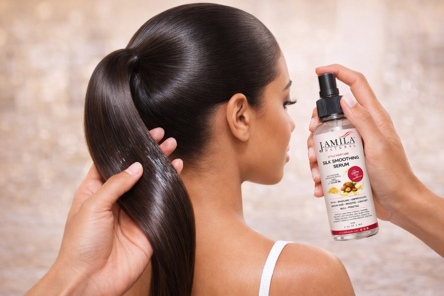 J. Amila Natural Silk Smoothing Serum with Argan Oil – Heat Protectant, Frizz Control &amp; High Gloss Shine for Natural Hair, Wigs &amp; Extensions (2 oz / 59.2 ml)