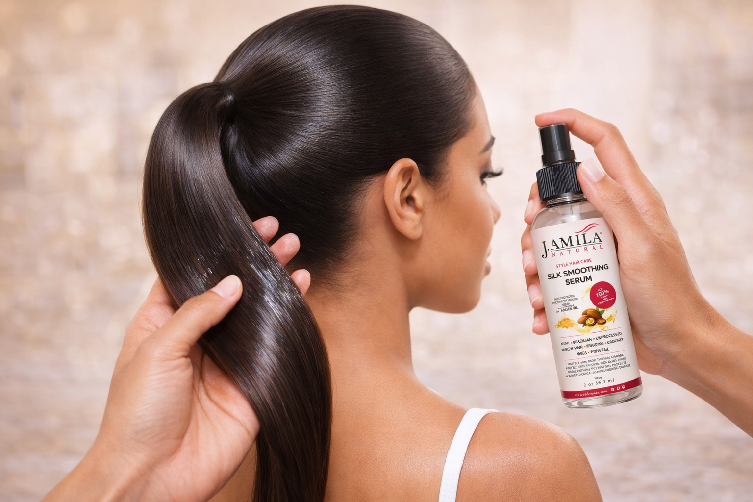 J. Amila Natural Silk Smoothing Serum with Argan Oil – Heat Protectant, Frizz Control &amp; High Gloss Shine for Natural Hair, Wigs &amp; Extensions (2 oz / 59.2 ml)