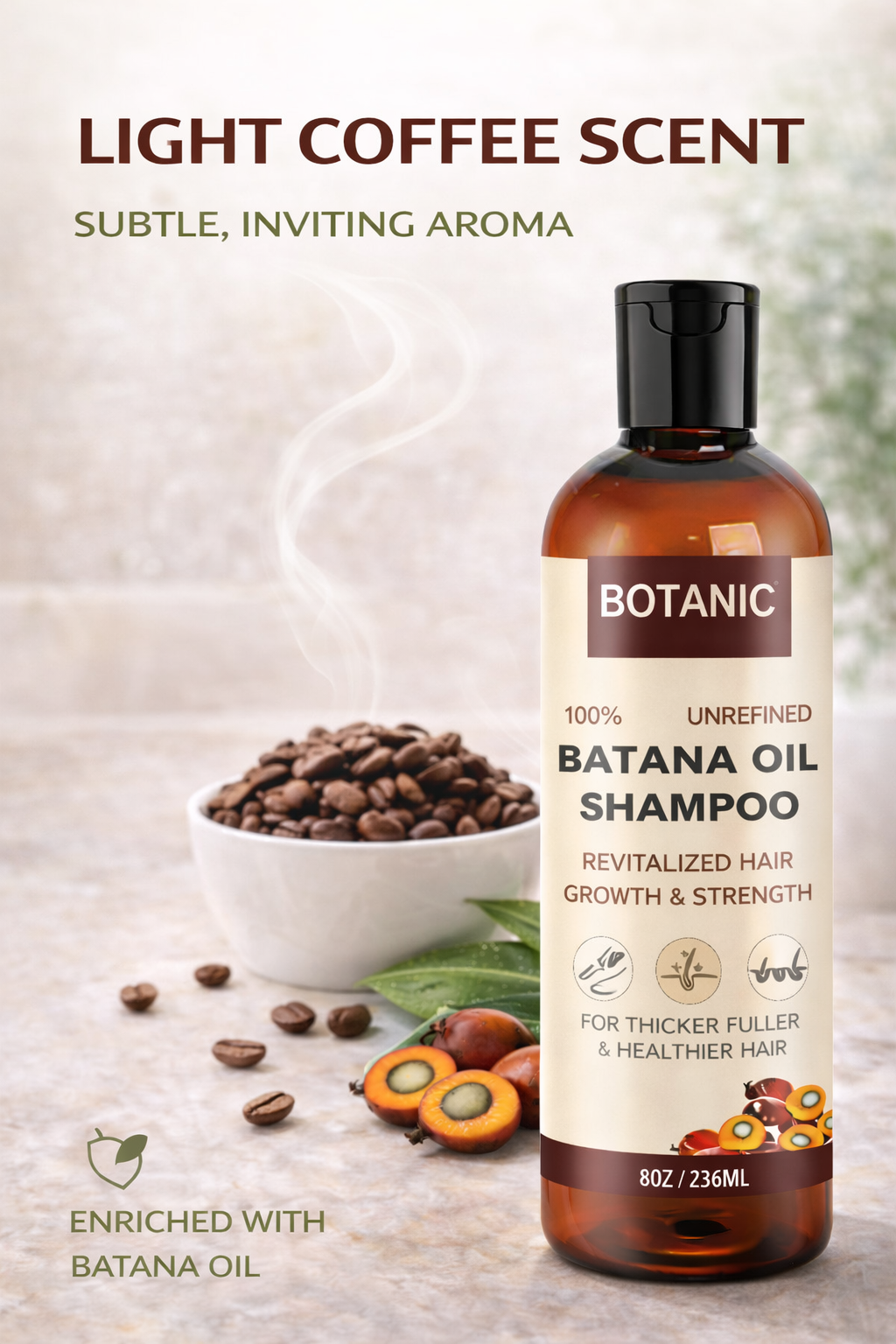 Batana oil shampoo with a light coffee scent and subtle natural aroma
