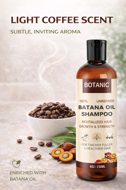 Batana oil shampoo with a light coffee scent and subtle natural aroma