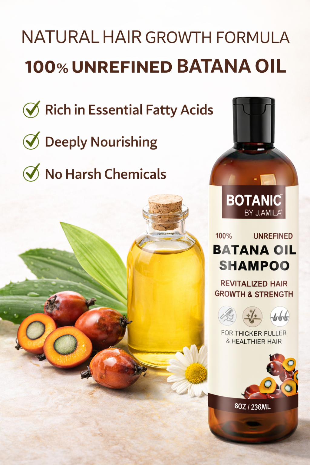 Natural ingredients of Batana oil shampoo with unrefined Batana oil