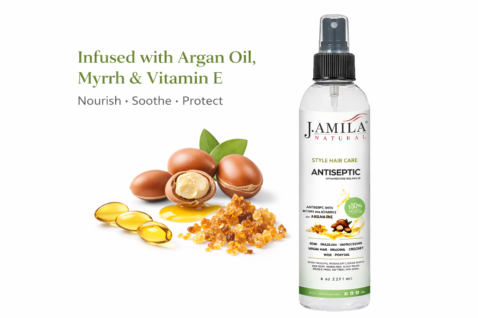 J. Amila Natural Antiseptic Spray with Argan Oil &amp; Myrrh – Scalp Relief, Itch Control &amp; Cleanse for Wigs, Braids &amp; Natural Hair (8 oz / 237 ml)